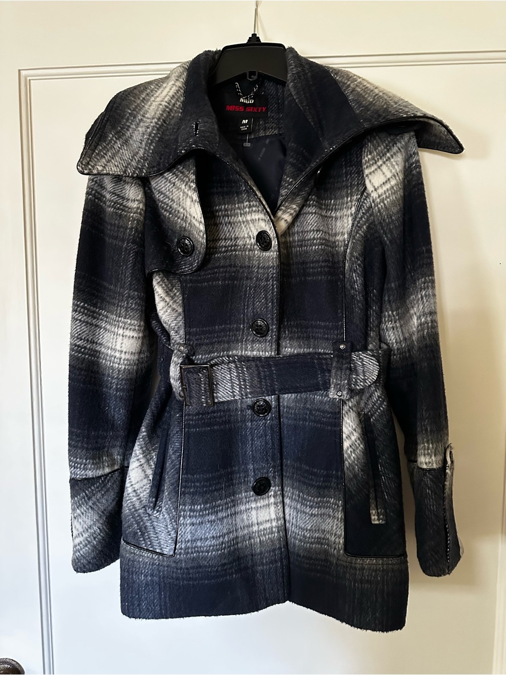 Women's Navy Plaid Belted Wool Coat
